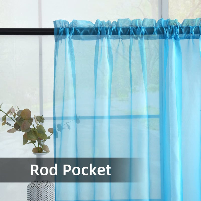 youleyar Solid Sheer Rod Pocket Curtain Voile Draperies 2 Panels White Beige Black Grey Coffee 52 Inch Width 72 Inch Long 1 Pair for Kitchen Bedroom Children Living Room Yard (Cyan Blue,52Wx72L) - Image 3